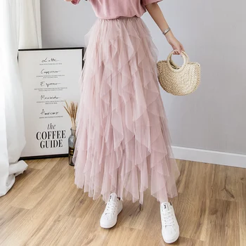 

New Style Petal Fairy Skirt Swinging Skirt-Elastic High-waisted Yarn Mesh Dress Pink