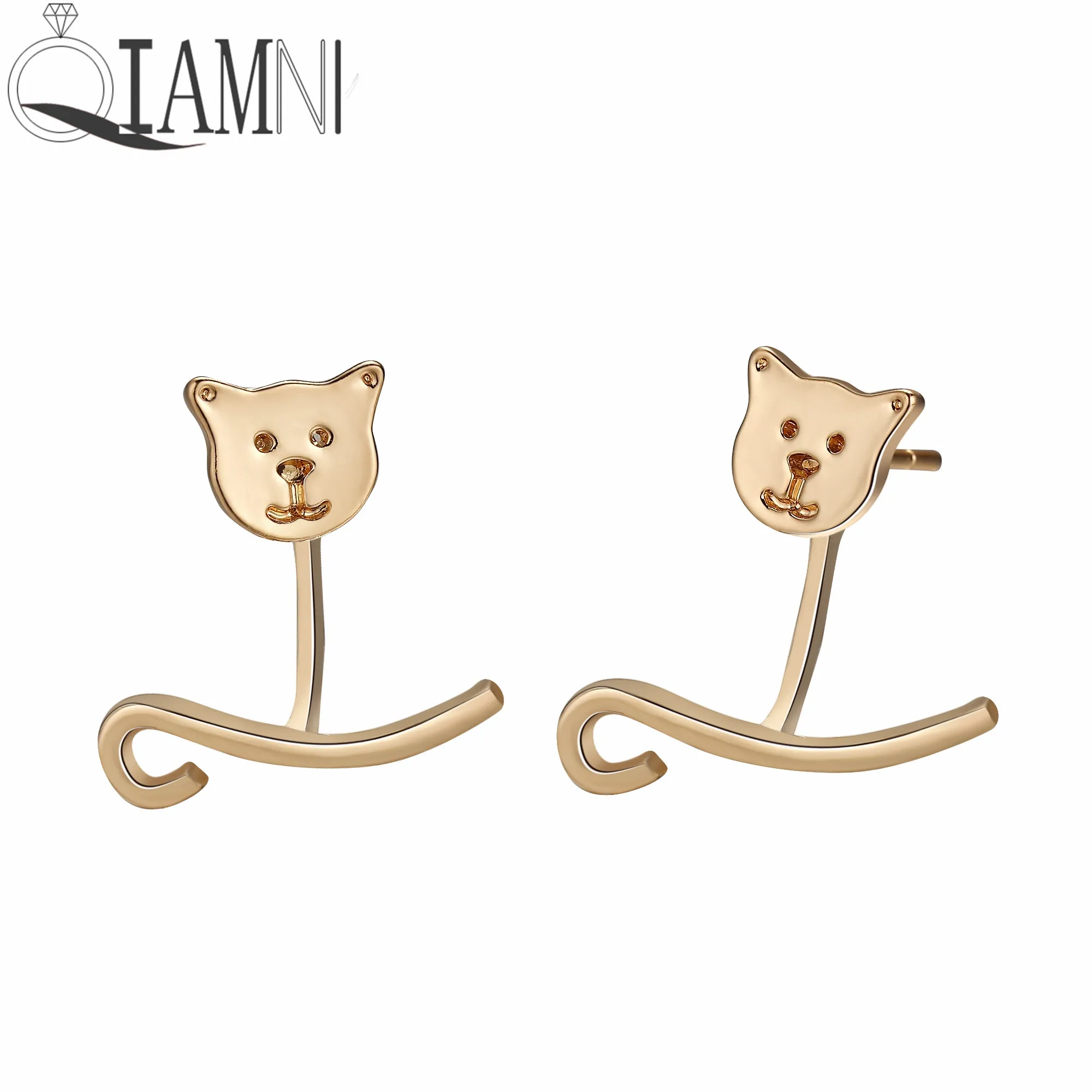 QIAMNI Lovely Cat Animal S shaped Ear Jackets Piercing Stud Earring Birthday Party Gift Front Back Jewelry Pendientes | Украшения и