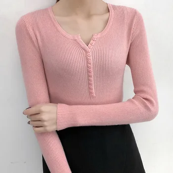 

High Quality Thin Sweaters Spring Autumn Knitwear Womens Buttons Long Sleeve Pullovers Fashion Solid Sweaters For Women