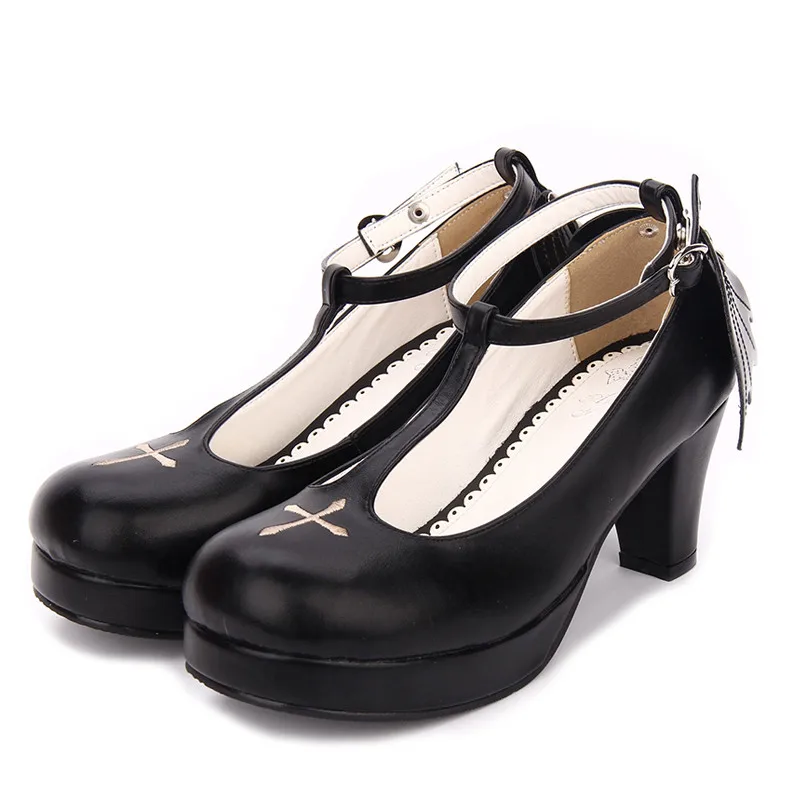 Black Round Toe Lolita Shoes Detachable Angel Wings Cross Printed T-Strap Buckle Mary Jane Loli Platform Cosplay | Тематическая