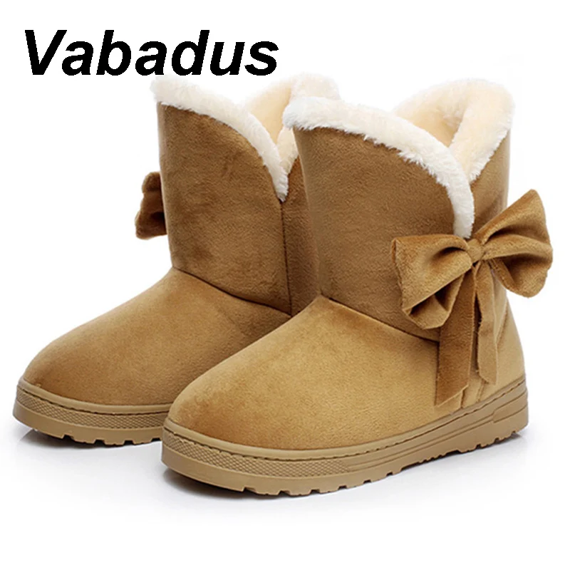 

Vabadus Bowtie Winter Snow Boots Slip On Flock Warm Women Ankle Boots Suede Fur Plush Short Booties Soft Cute Flats Shoes Woman