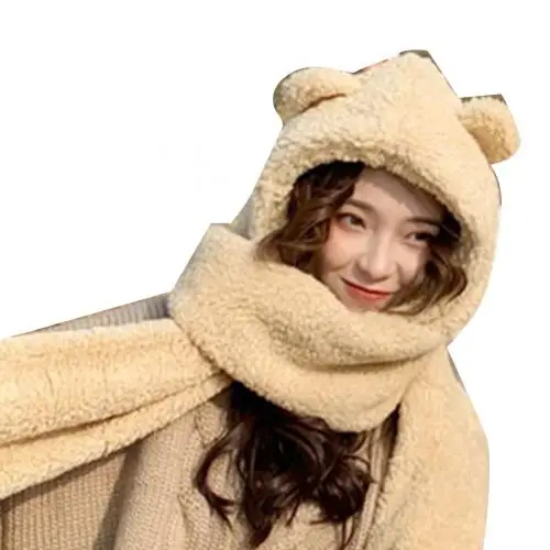 Трендовый зимний осенний 2 в 1 Модный женский милый Теплый берберский флисовый теплый шарф с медвежьими ушками - Цвет: Apricot