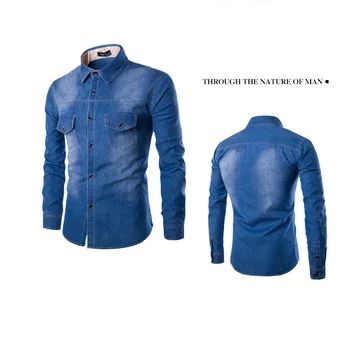 

High Quality Denim Shirt Men's Casual Slim Button Shirt and Pocket Shirt Men's Camisa Social Long Sleeve Cotton Washed Shirt Top