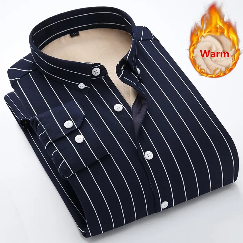 Новинка, зимняя фланелевая Мужская рубашка, длинный рукав, в полоску, плюс бархат, утолщенная, брендовая, деловая рубашка, повседневная, приталенная, 5XL