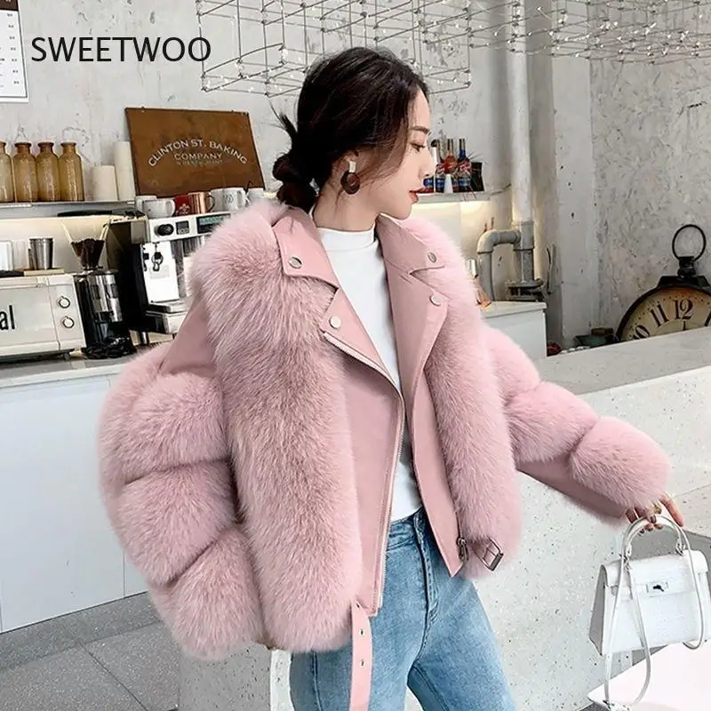 Fashion Faux Fox Fur Coats Women Winter Motorcycle Pu Leather Turn Down Collar Warm Jacket Outwear Luxury Female 2021