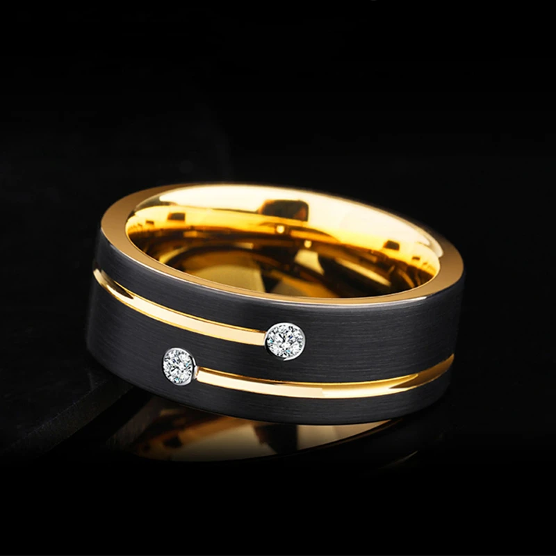8mm Stainless Steel Gold Color Ring Crystal Wedding Band for Men's Engagement Party Jewelry Gift wedding rings