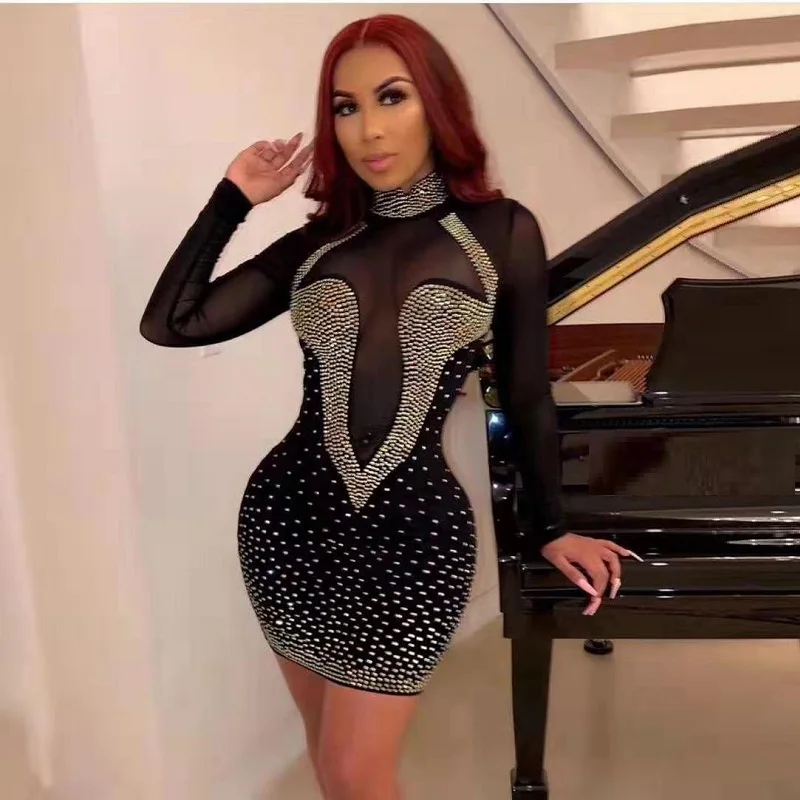 2019 Black Long Sleeve Mesh Luxury Beaded Women Vestidos Fashion Solid Color Turtleneck Sexy Bodycon Mini Club Party Dresses | Женская