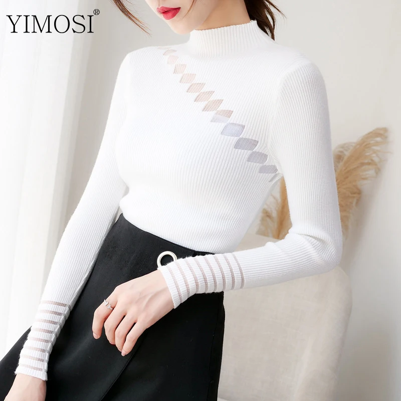 

2019 Autumn Winter Basic Sweater Lady Slim Mesh Tops Vintage Long Sleeve Hollow Out Turtleneck Pullover Lady Jumper Tops