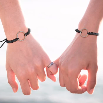 

Vnox Braided Rope Couple Bracelets With Round Charm Stainless Steel Circle Casual Women Men Pulseira Lover Jewelry Gift