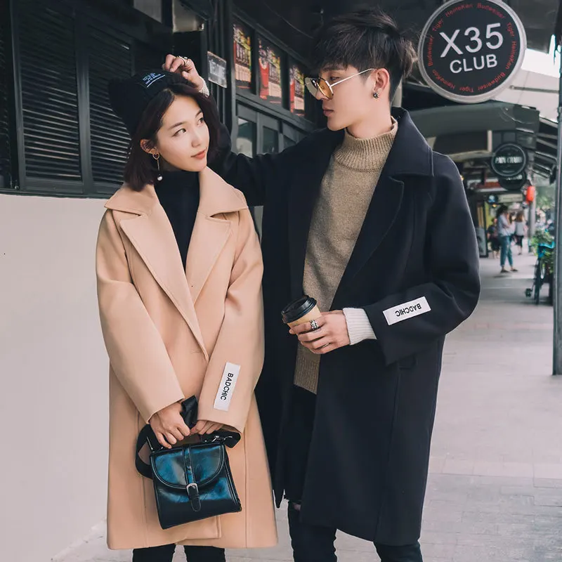 Зима новая Корейская версия тренда плюс хлопок патч материал LabelingLoose пара в LongSectionCasual шерстяное пальто