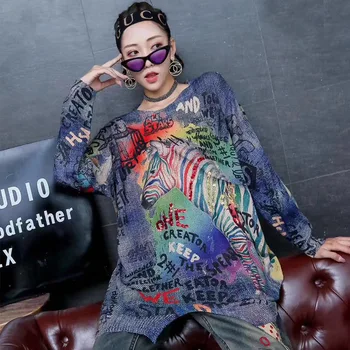 

Women 2020 Autumn New Korea Tide Letter Print Sequin Sweater O-neck Long Sleeve Fashion Loose Casual Plus Size Tops