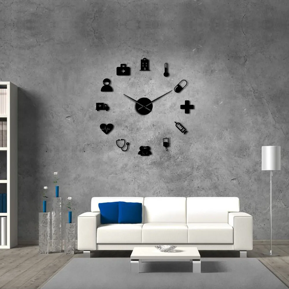 Medicine Heath Care Ambulance Large Wall Clock DIY Acrylic Mirror Wall Stickers Medical Art Hospital Clinic Decor Art Clock