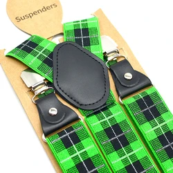 Green Lattice Elastic Strap Suit Suspender Strap Men's Adult Style Three Clip Y-type Leather Strap Irish Series Strap