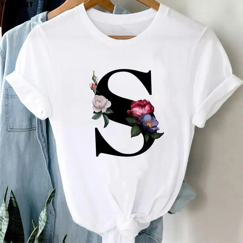 

26 flower letters Printing 90s Kawaii Harajuku Graphics Fashion Clothes Tee Tops Tshirt Female Summer Short sleeve T-shirt Women