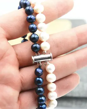 

2Row 7-8mm Black / White Freshwater Cultured pearl bracelet 7.5"