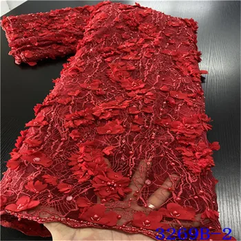

French Lace Fabric 2020 High Quality Lace African Handmade Beaded Lace Wine Mesh Embroidery Fabric For Wedding Dresses NA3269B-2