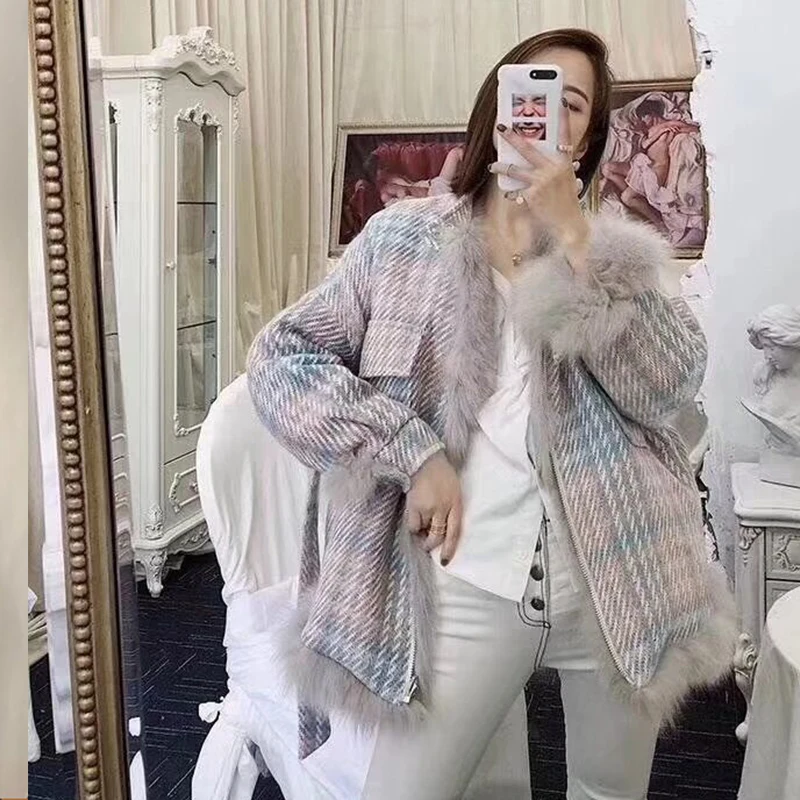 Модное женское плотное теплое пальто с меховой подкладкой, шерстяные пальто, клетчатая парка, верхняя одежда T28