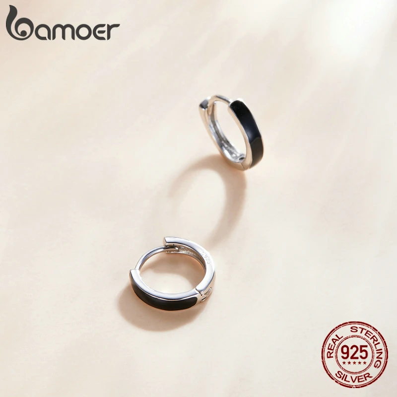bamoer 1 Pair Silver Black Hoop Earrings for Women 100% 925 Sterling Silver Enamel Drop Oil Earring Party Jewelry SCE1047 - Image 4
