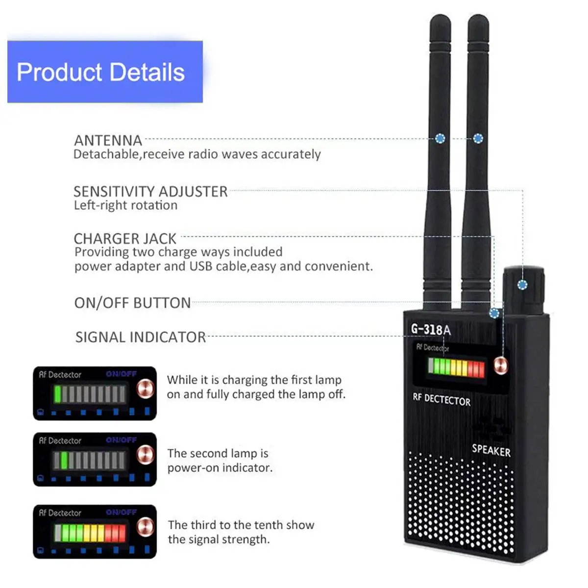 G-318A 1MHz Dual Antenna 8000MHz Anti-Spy Bug Detector Wireless RF GPS Location Dual Signal Device