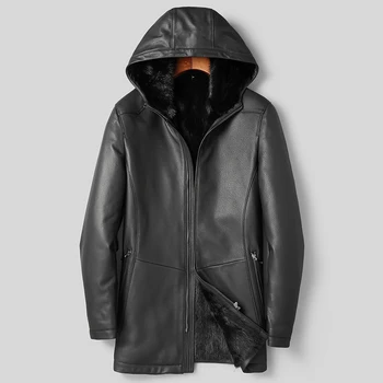 

DK Luxury Mink Fur Coat Hooded Medium Long Sheepskin Leather Genuine Jackets Black Casual Winter Warm Fur Coats