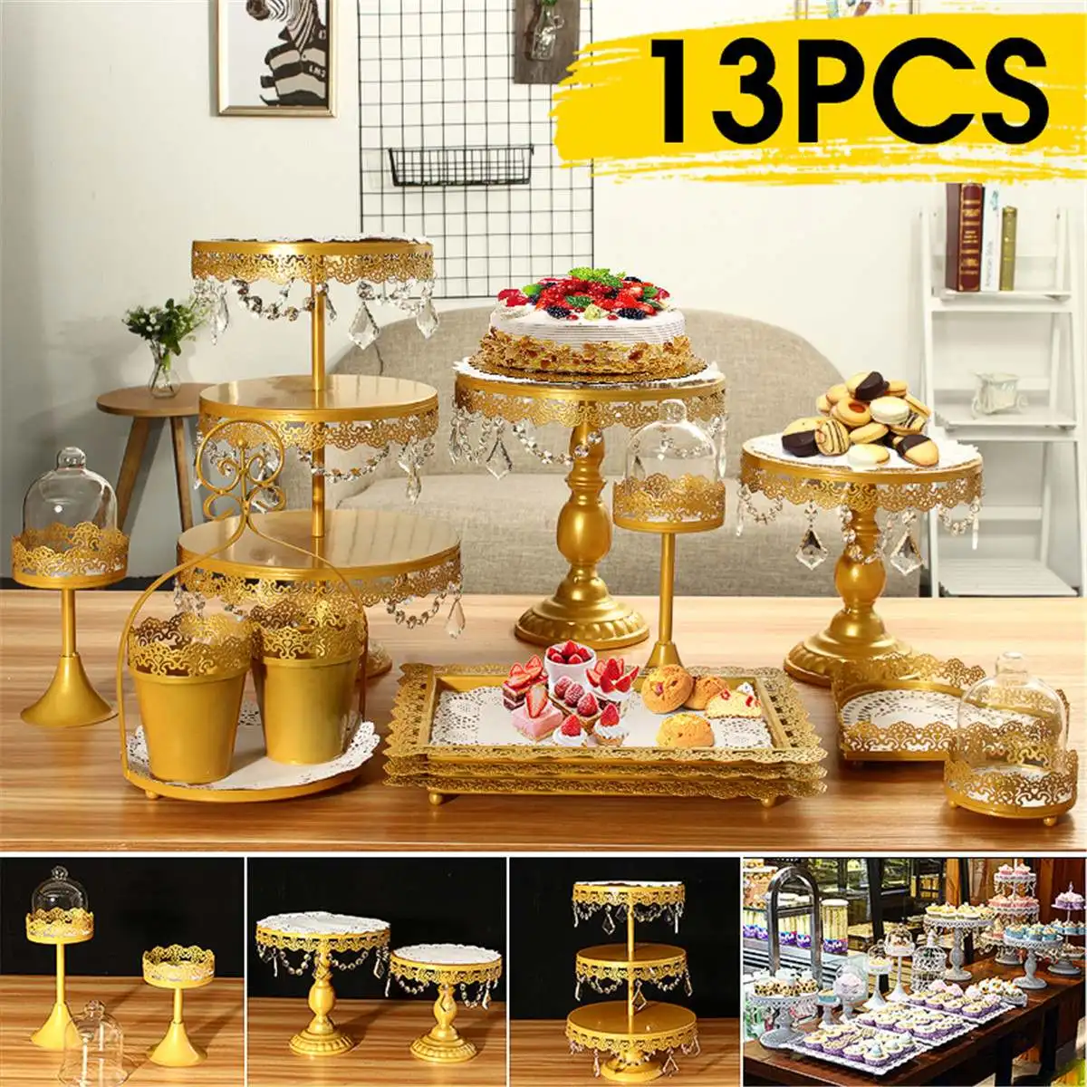 

Metal Modern Crystal Cake Stand Set Holder Cupcake Dessert Stand Birthday Party Wedding Display Pedestal Decoration White Gold