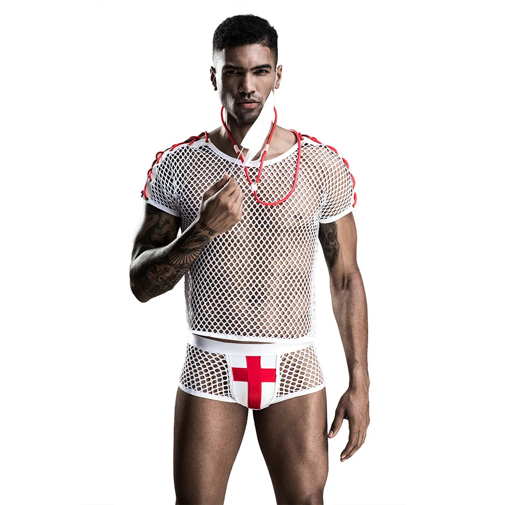 2021 New 4-Piece Set Mens Sexy Doctor Uniform Mesh Role Play Set Cosplay Gay Bar Dance Perform Costume Outfit