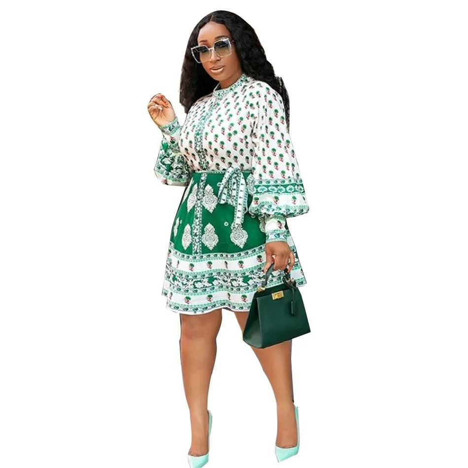 

Fashion Designer Runway Dress Streetwear Women Spring Lantern Sleeve Floral-Print Vacation Elegant Chic Dresses