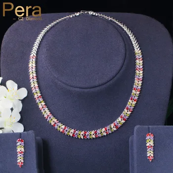 

Pera 2Pcs Multicolor CZ Crystal Leaf Shape Women Wedding Choker Necklace Earrings Sets Luxury Ladies Costume Party Jewelry J224