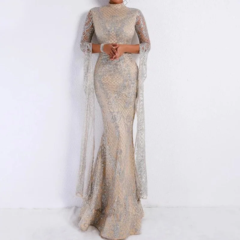 Echoine Women Silver Slim Maxi Dress Long Sleeve Party Autumn Winter Sexy Elegant Sundress Female Vintage Wed Ladies Clothing