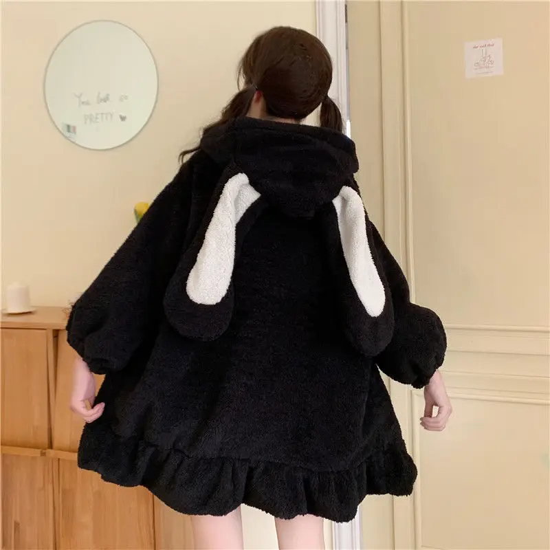 Hoodies Women Large Size Solid Zip-up Long Lantern Sleeve Hooded Rabbit Ears Lolita Cute Sweet Girls Harajuku Style Warm Baggy