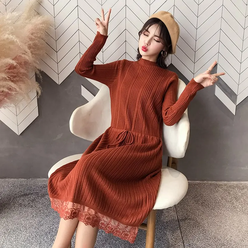 autumn and winter new sweater knit dress lace long sweater Korean fashion pregnant sweater