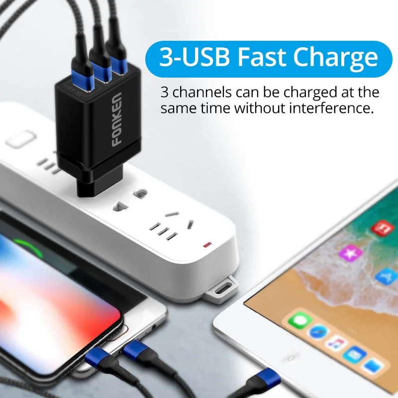 Зарядное устройство FONKEN сетевое с 3 USB портами и поддержкой быстрой