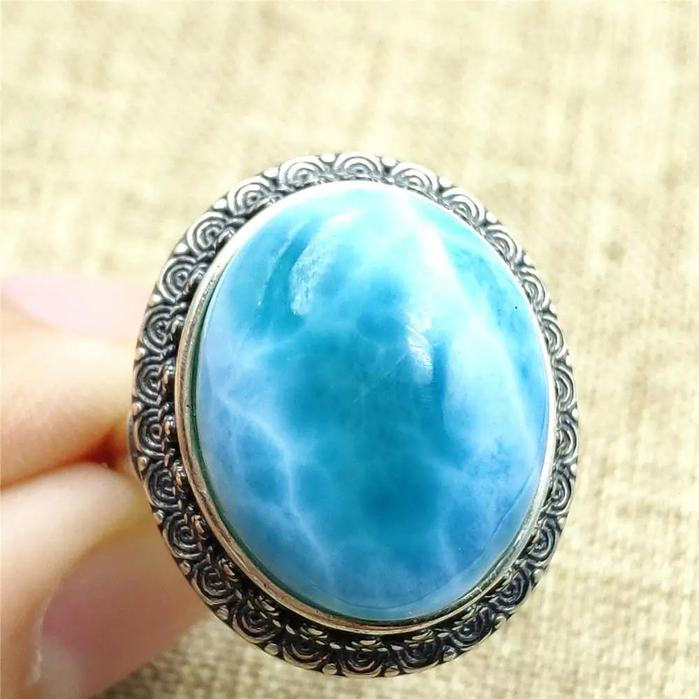 

Top Quality Natural Blue Larimar Gemstone Adjustable Size Ring 20x17mm 925 Sterling Silver Rings For Women Wedding Jewelry AAAAA