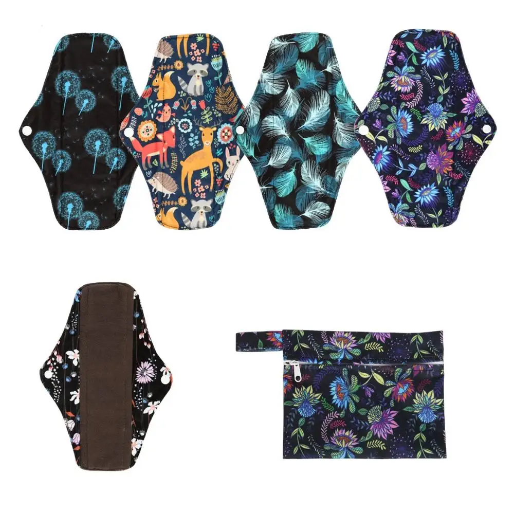 5 + 1 Set Long Panty Liners Cloth Menstrual Pads RANDOM Prints Bamboo Charcoal Sanitary Washable Reusable Light Flow
