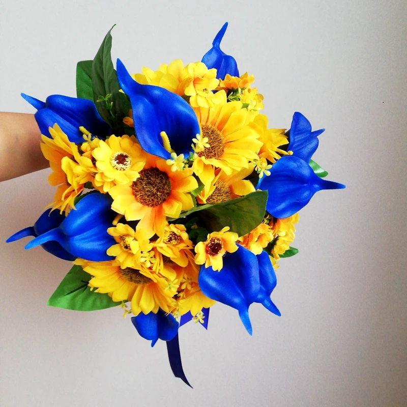 Whitney Artificial Silk Gold Sunflowers with Royal Blue Callalily Wedding Bouquet Flowers Marriage Accessories Bridal Bouquets