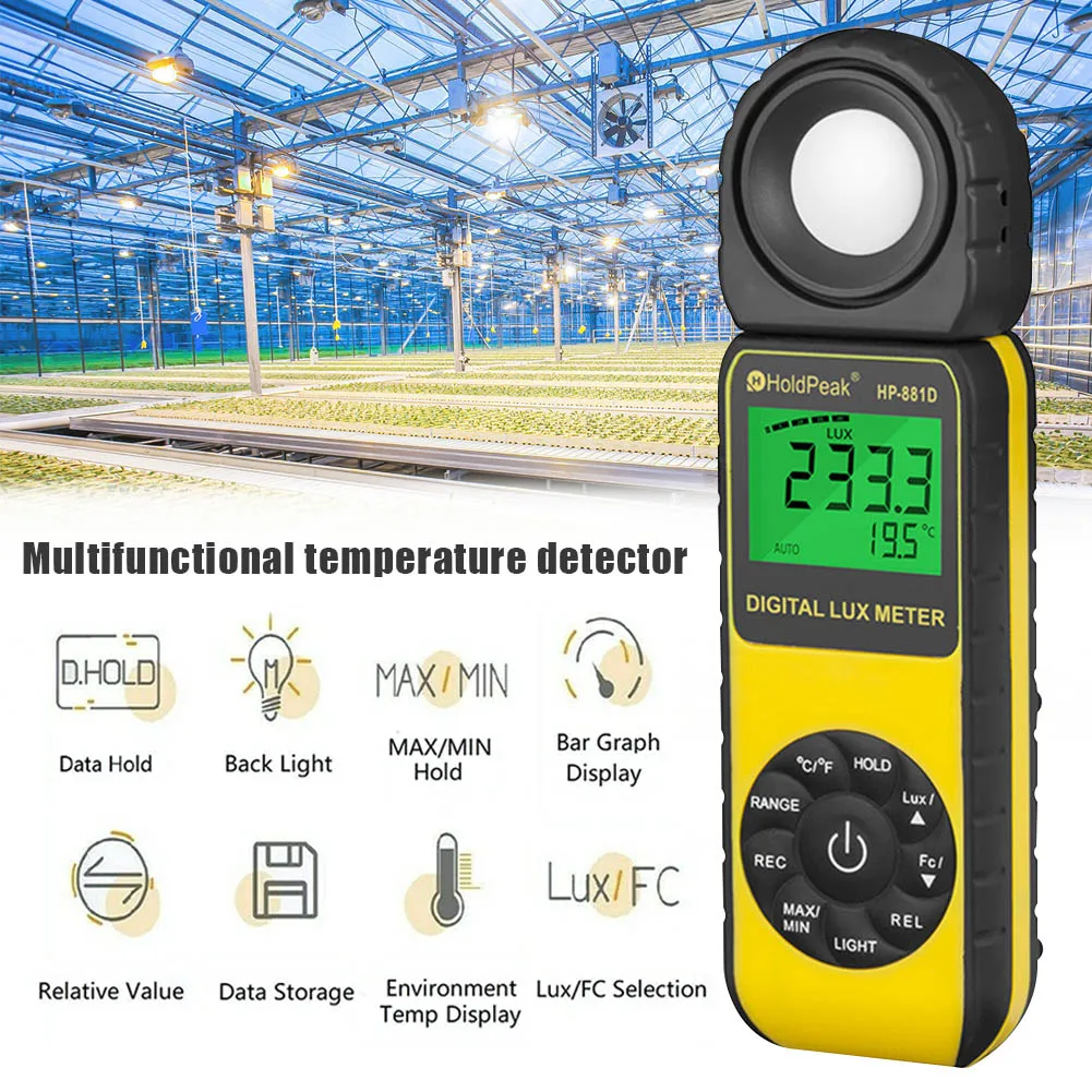 

HP-881D Digital LUX Meter 4000000 LUX/FC High Precision Digital Lux Meter Handheld Illuminometer with Backlight PUO88