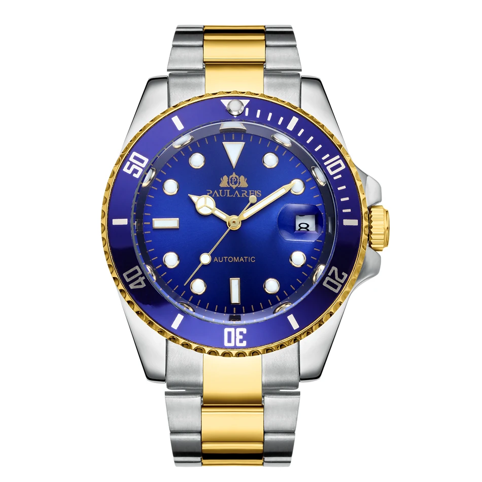 Automatic Self Wind Mechanical Stainless Steel Strap Gold Silver Blue Green Red Black Dial Date Strong Luminous Luxury Men Watch afbeelding