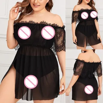 

Nightgowns Women Sexy Lace Sheer Mesh Lingerie Off-Shoulder ladies solid color seamless Strapless Nightdress Plus Size ^S