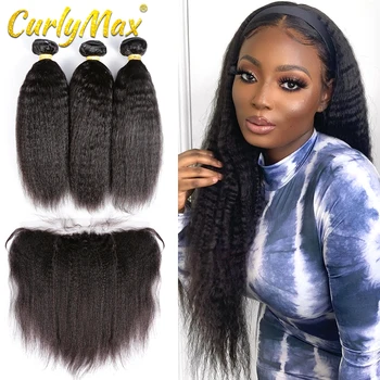 

Hair Kinky Straight Brazilian Virgin Hair Kinky Bundles With Lace Frontal Closure Pre-Plucked Bleached Remy Hair