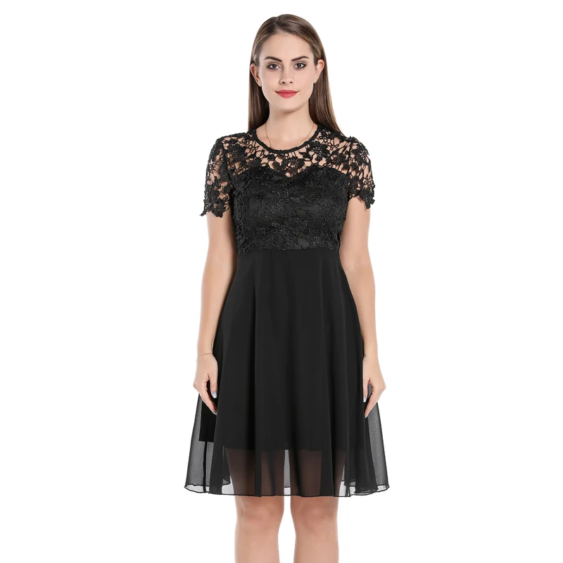 Черное Кружевное открытое женское платье Vestidos с коротким рукавом и высокой талией, сексуальные платья для вечеринок, элегантное шифоновое повседневное летнее платье трапециевидной формы