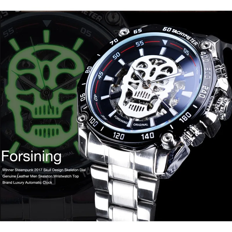 

New forsining Europe And America Style Fashion Hollow out Night Light Skull Automatic Analog Watch