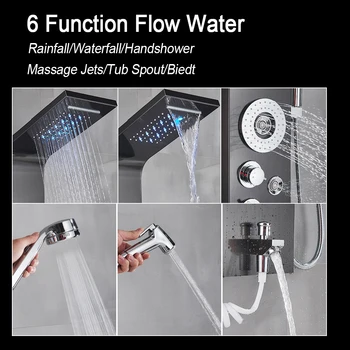Black LED Light Shower Faucet Bathroom SPA Massage Jet Shower Column System Waterfall Rain Shower Panel Bidet Sprayer Tap 2