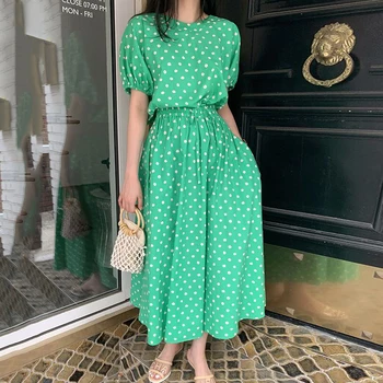 

Korean Style Women's Sets 2020 Summer New Round Neck Short Sleeve Lace Dot Women High Waist Skirts Female Two Pieces