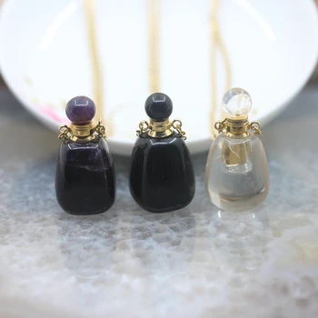 

Natural Gems black agates amethysts Perfume Bottle gold Chains Jewelry,polishing white Crystal Essential Oil Bottles Necklace