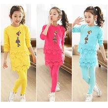 НОВЫЕ комплекты одежды для девочек Весенняя хлопковая кружевная рубашка с длинными рукавами+ штаны комплект детской одежды для От 2 до 8 лет