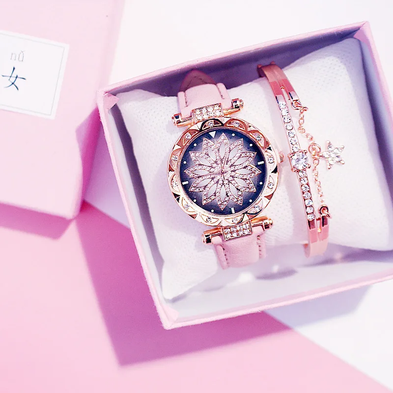 Pink bracelet Женские часы, браслет, набор, звездное небо, женские часы-браслет, повседневные, кожа, кварцевые наручные часы, часы, Relogio Feminino - Цвет: Pink bracelet