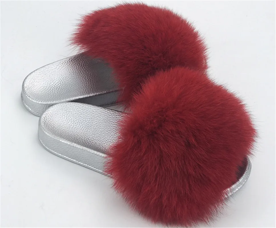 

Women Summer Real Fox Fur Slippers Sweet Plush Slippers Brand Slippers Fox Fur Slides Ladies Cute Fluffy Slides Luxury Slippers