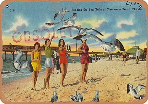 Targa In Metallo-Cartolina Della Florida-Che Alimenta I Gabbii Marini Alla Spiaggia Di Monterey, Florida-Decorazione Da Parete Vintage Dall'Aspetto Ar