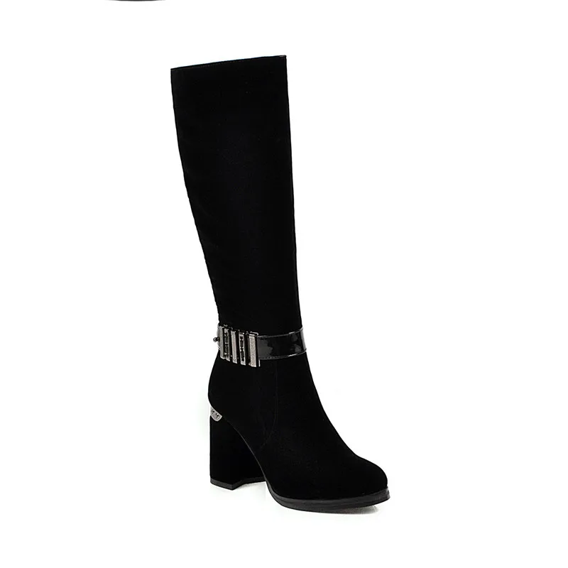 MORAZORA/; горячая распродажа; женские сапоги до колена; флоковые зимние сапоги на высоком каблуке с круглым носком; женские вечерние туфли с металлическим украшением - Цвет: Черный