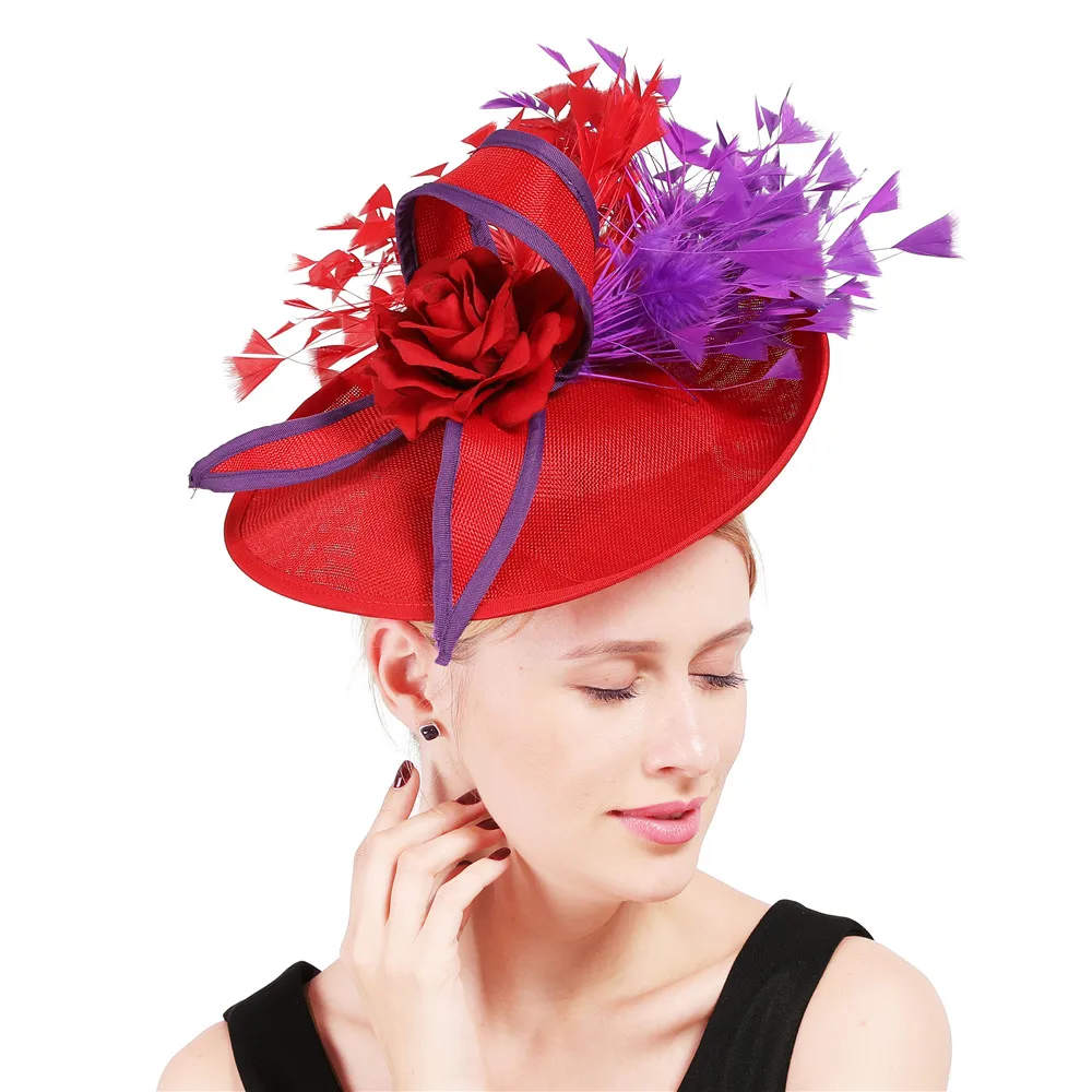 

Elegant Purple And Red Feather Fascinator Wedding Bridal HairClip Hat For Party Cocktail Headpiece Lady Floral Pattern HeadWear